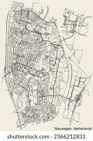 Detailed hand-drawn navigational urban street roads map of the Dutch city of NIEUWEGEIN, NETHERLANDS with solid road lines and name tag on vintage background