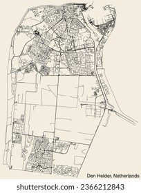 Detailed hand-drawn navigational urban street roads map of the Dutch city of DEN HELDER, NETHERLANDS with solid road lines and name tag on vintage background