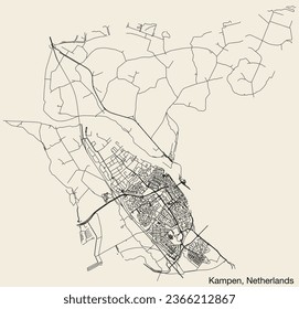 Detailed hand-drawn navigational urban street roads map of the Dutch city of KAMPEN, NETHERLANDS with solid road lines and name tag on vintage background