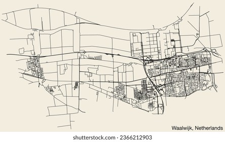 Detailed hand-drawn navigational urban street roads map of the Dutch city of WAALWIJK, NETHERLANDS with solid road lines and name tag on vintage background