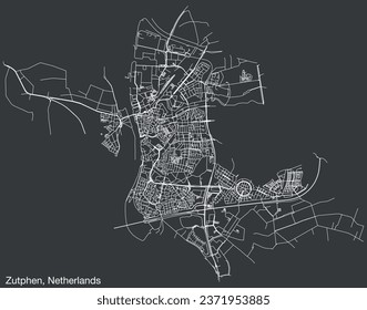 Detailed hand-drawn navigational urban street roads map of the Dutch city of ZUTPHEN, NETHERLANDS with solid road lines and name tag on vintage background