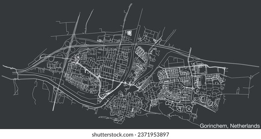 Detailed hand-drawn navigational urban street roads map of the Dutch city of GORINCHEM, NETHERLANDS with solid road lines and name tag on vintage background