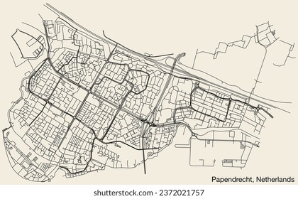 Detailed hand-drawn navigational urban street roads map of the Dutch city of PAPENDRECHT, NETHERLANDS with solid road lines and name tag on vintage background