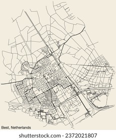 Detailed hand-drawn navigational urban street roads map of the Dutch city of BEST, NETHERLANDS with solid road lines and name tag on vintage background