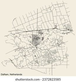 Detailed hand-drawn navigational urban street roads map of the Dutch city of DALFSEN, NETHERLANDS with solid road lines and name tag on vintage background