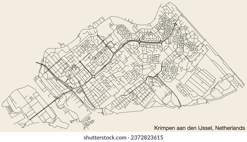 Detailed hand-drawn navigational urban street roads map of the Dutch city of KRIMPEN AAN DEN IJSSEL, NETHERLANDS with solid road lines and name tag on vintage background