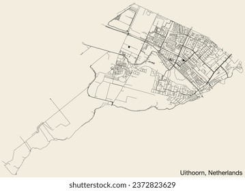 Detailed hand-drawn navigational urban street roads map of the Dutch city of UITHOORN, NETHERLANDS with solid road lines and name tag on vintage background