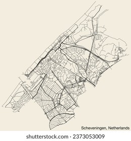 Detailed hand-drawn navigational urban street roads map of the Dutch city of SCHEVENINGEN, NETHERLANDS with solid road lines and name tag on vintage background