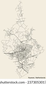 Detailed hand-drawn navigational urban street roads map of the Dutch city of NUENEN, NETHERLANDS with solid road lines and name tag on vintage background