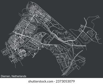 Detailed hand-drawn navigational urban street roads map of the Dutch city of DIEMEN, NETHERLANDS with solid road lines and name tag on vintage background