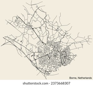 Detailed hand-drawn navigational urban street roads map of the Dutch city of BORNE, NETHERLANDS with solid road lines and name tag on vintage background
