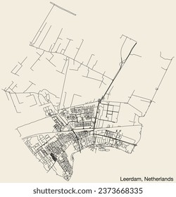 Detailed hand-drawn navigational urban street roads map of the Dutch city of LEERDAM, NETHERLANDS with solid road lines and name tag on vintage background