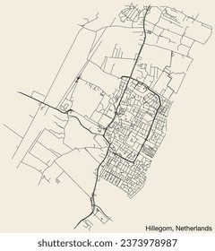 Detailed hand-drawn navigational urban street roads map of the Dutch city of HILLEGOM, NETHERLANDS with solid road lines and name tag on vintage background