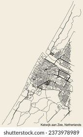 Detailed hand-drawn navigational urban street roads map of the Dutch city of KATWIJK AAN ZEE, NETHERLANDS with solid road lines and name tag on vintage background