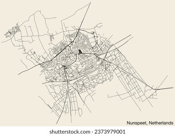 Detailed hand-drawn navigational urban street roads map of the Dutch city of NUNSPEET, NETHERLANDS with solid road lines and name tag on vintage background