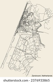 Detailed hand-drawn navigational urban street roads map of the Dutch city of ZANDVOORT, NETHERLANDS with solid road lines and name tag on vintage background