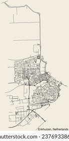 Detailed hand-drawn navigational urban street roads map of the Dutch city of ENKHUIZEN, NETHERLANDS with solid road lines and name tag on vintage background