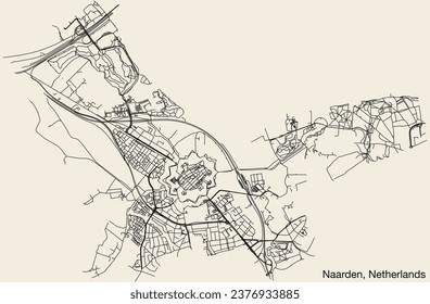 Detailed hand-drawn navigational urban street roads map of the Dutch city of NAARDEN, NETHERLANDS with solid road lines and name tag on vintage background