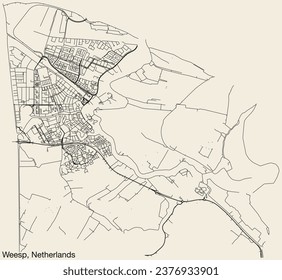 Detailed hand-drawn navigational urban street roads map of the Dutch city of WEESP, NETHERLANDS with solid road lines and name tag on vintage background