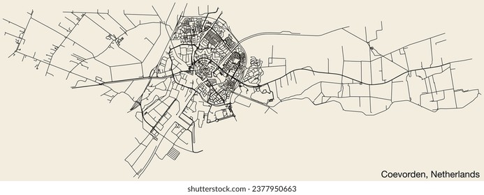 Detailed hand-drawn navigational urban street roads map of the Dutch city of COEVORDEN, NETHERLANDS with solid road lines and name tag on vintage background