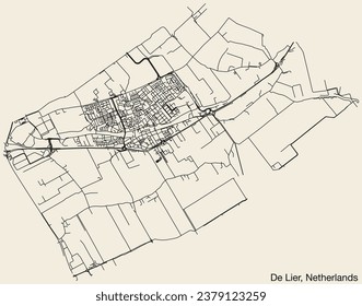 Detailed hand-drawn navigational urban street roads map of the Dutch city of DE LIER, NETHERLANDS with solid road lines and name tag on vintage background