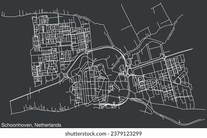 Detailed hand-drawn navigational urban street roads map of the Dutch city of SCHOONHOVEN, NETHERLANDS with solid road lines and name tag on vintage background