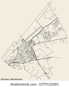 Detailed hand-drawn navigational urban street roads map of the Dutch city of MONSTER, NETHERLANDS with solid road lines and name tag on vintage background