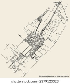 Detailed hand-drawn navigational urban street roads map of the Dutch city of NOORDWIJKERHOUT, NETHERLANDS with solid road lines and name tag on vintage background