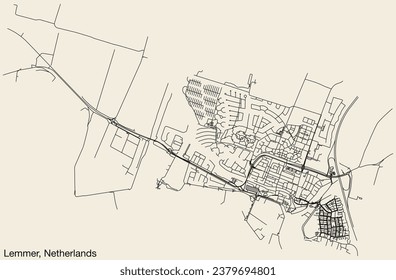 Detaillierte, handgezeichnete Straßenkarte der niederländischen Stadt LEMMER, NIEDERLANDE mit festen Straßenlinien und Namensschild auf Vintage-Hintergrund