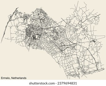 Detailed hand-drawn navigational urban street roads map of the Dutch city of ERMELO, NETHERLANDS with solid road lines and name tag on vintage background