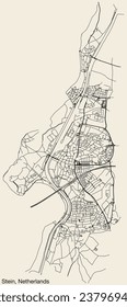 Detailed hand-drawn navigational urban street roads map of the Dutch city of STEIN, NETHERLANDS with solid road lines and name tag on vintage background