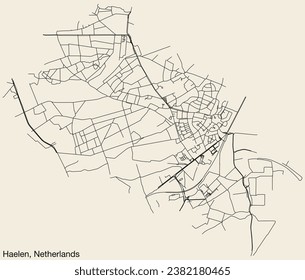 Detailed hand-drawn navigational urban street roads map of the Dutch city of HAELEN, NETHERLANDS with solid road lines and name tag on vintage background