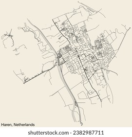 Detailed hand-drawn navigational urban street roads map of the Dutch city of HAREN, NETHERLANDS with solid road lines and name tag on vintage background