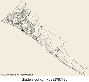 Detailed hand-drawn navigational urban street roads map of the Dutch city of HOEK VAN HOLLAND, NETHERLANDS with solid road lines and name tag on vintage background