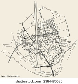 Detailed hand-drawn navigational urban street roads map of the Dutch city of LENT, NETHERLANDS with solid road lines and name tag on vintage background