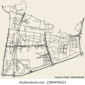 Detailed hand-drawn navigational urban street roads map of the Dutch city of HUIZUM-OOST, NETHERLANDS with solid road lines and name tag on vintage background