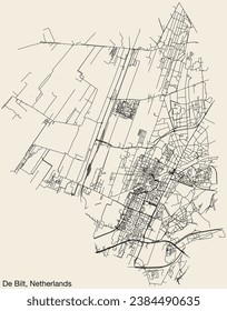 Detailed hand-drawn navigational urban street roads map of the Dutch city of DE BILT, NETHERLANDS with solid road lines and name tag on vintage background