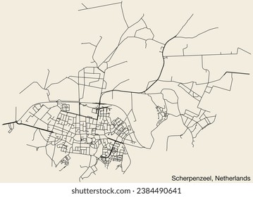 Detailed hand-drawn navigational urban street roads map of the Dutch city of SCHERPENZEEL, NETHERLANDS with solid road lines and name tag on vintage background