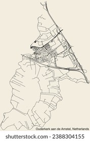 Detailed hand-drawn navigational urban street roads map of the Dutch city of OUDERKERK AAN DE AMSTEL, NETHERLANDS with solid road lines and name tag on vintage background