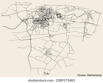 Detailed hand-drawn navigational urban street roads map of the Dutch city of DRUTEN, NETHERLANDS with solid road lines and name tag on vintage background