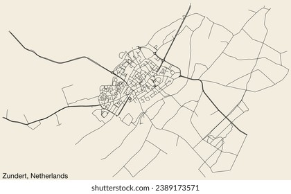 Detailed hand-drawn navigational urban street roads map of the Dutch city of ZUNDERT, NETHERLANDS with solid road lines and name tag on vintage background
