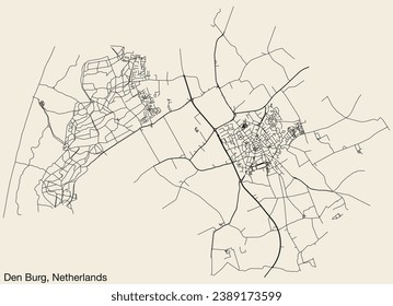 Detailed hand-drawn navigational urban street roads map of the Dutch city of DEN BURG, NETHERLANDS with solid road lines and name tag on vintage background