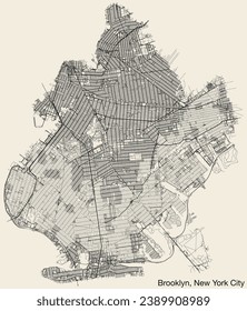 Detailed hand-drawn navigational urban street roads map of the BROOKLYN BOROUGH of the American city of NEW YORK CITY, UNITED STATES with vivid road lines and name tag on solid background