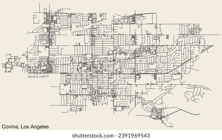 Detailed hand-drawn navigational urban street roads map of the CITY OF COVINA of the American LOS ANGELES CITY COUNCIL, UNITED STATES with vivid road lines and name tag on solid background