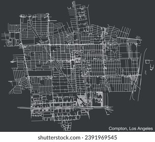 Mapa detallado de las carreteras urbanas de navegación a mano de la CIUDAD DE COMPTON del CONSEJO CIUDAD DE LOS ÁNGELES, ESTADOS UNIDOS con líneas viales vívidas y etiquetas con nombres en un fondo sólido