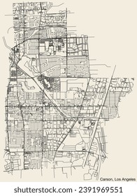 Detailed hand-drawn navigational urban street roads map of the CITY OF CARSON of the American LOS ANGELES CITY COUNCIL, UNITED STATES with vivid road lines and name tag on solid background svg