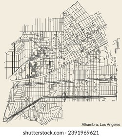 Detailed hand-drawn navigational urban street roads map of the CITY OF ALHAMBRA of the American LOS ANGELES CITY COUNCIL, UNITED STATES with vivid road lines and name tag on solid background