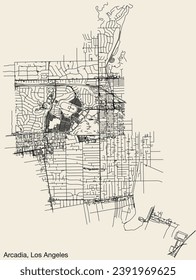 Detailed hand-drawn navigational urban street roads map of the CITY OF ARCADIA of the American LOS ANGELES CITY COUNCIL, UNITED STATES with vivid road lines and name tag on solid background