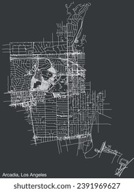 Detailed hand-drawn navigational urban street roads map of the CITY OF ARCADIA of the American LOS ANGELES CITY COUNCIL, UNITED STATES with vivid road lines and name tag on solid background