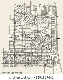 Detailed hand-drawn navigational urban street roads map of the CITY OF BELLFLOWER of the American LOS ANGELES CITY COUNCIL, UNITED STATES with vivid road lines and name tag on solid background